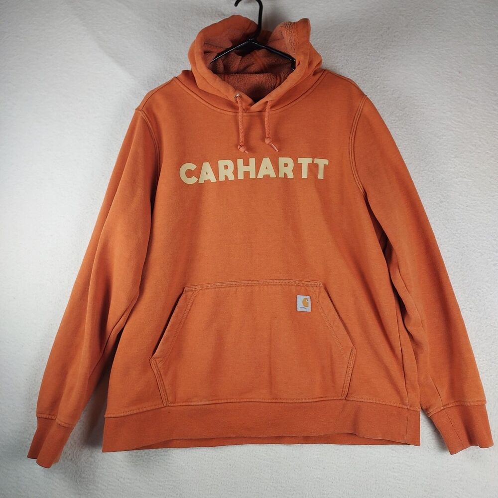 Carhartt Logo Pullover Hoodie Womens XL Relaxed Fit Rust Orange Drawstring